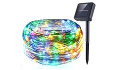 a solar powered garden light in the shape of a cable with multicolored lights