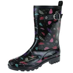 Who says you can't be fashionable when it rains?! These short-shaft rain boots are super-cute and functional at the same time. The all-over umbrella print is colorful and trendy, while the black side buckle can be adjusted so you will always have the perfect fit. You will be pleasantly surprised at how lightweight these boots really are, making it easier for you to trek through puddles and mud. They also easily fit over your jeans and leggings. Add a little personality to your everyday outfits w Waterproof Rain Boots For Rainy Season, Waterproof Rain Boots With Round Toe, Waterproof Rain Boots For Fall, Fall Season Waterproof Rain Boots, Weatherproof Boots For Rainy Season, Waterproof Rain Boots For Spring, Rain Boots For Rainy Season With Round Toe, Spring Waterproof Rain Boots For Rainy Weather, Black Round Toe Rain Boots