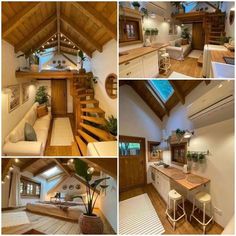 this is a collage of photos showing the inside of a house with stairs, kitchen and living room