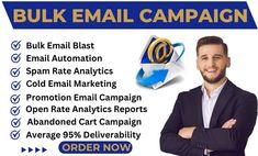 an advertisement for bulk email campaign with a man in suit and tie standing next to it