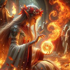 a woman holding a ball in her hand with flames surrounding her and other people around her