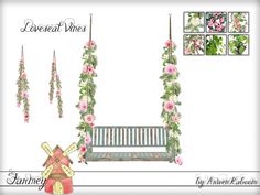 an image of a bench with flowers and wind chimes hanging from it's sides