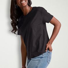 Basics that are far from basic. Classic comfort meets unbeatable style with this Hanes original women's t-shirt. Our signature tri-blend fabrics come together to create a lightweight tee that feels great on the skin. The relaxed fit, ribbed collar, and sleeves create an ultra-flattering look you'll love. Plus, it's made from recycled polyester for that super soft, worn-in feel. Dress it up with jeans and heels or go casual with Hanes joggers and sneakers, you can't go wrong with a Hanes original Tri-blend Crew Neck Tops In Solid Colors, Solid Tri-blend Everyday Tops, Solid Tri-blend Tops For Everyday Wear, Love Plus, Come Together, Shirt Shop, Tee Shirt, Shirts Tops, Tee Shirts