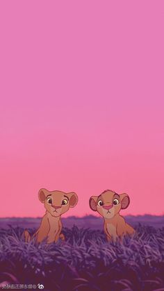 two lion cubs sitting in the middle of a field with pink and purple sky behind them