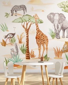 a giraffe, zebra and other wild animals are depicted in this children's room wall mural