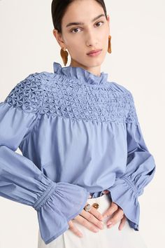 Elegant Smocked Top With Gathered Sleeves For Daywear, Spring Smocked Top With Ruffled Collar, Chic Daywear Smocked Top, Chic Smocked Top For Daywear, Chic Smocked Top With Smocked Cuffs For Daywear, Chic Smock Blouse With Lantern Sleeves, Elegant Smocked Top For Daywear, Elegant Daywear Smocked Top With Smocked Cuffs, Elegant Smocked Top With Smocked Cuffs For Daywear