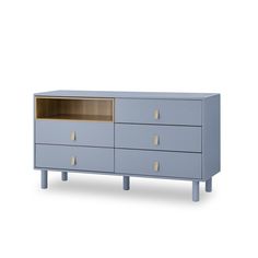 a blue dresser with gold handles and drawers on the bottom, in front of a white background