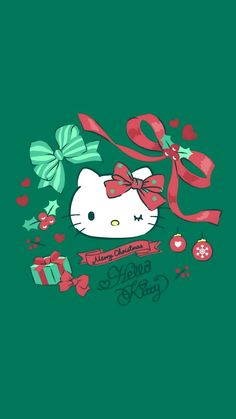 an image of hello kitty with bows and presents on the green background that says hello kitty christmas