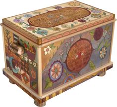 a decorative wooden box painted with flowers and animals on it's sides, sitting upright