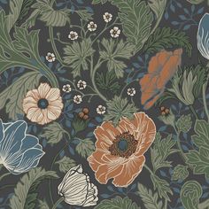 a floral wallpaper with many different flowers and leaves on the side, including an orange flower