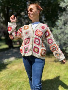 Granny Square Coat With Pocket, Crochet Short Jacket, Wool Cotton Cardigan, Oversize Boho Coat, Chunky Cardigan, Hand Knitted Sweater Pocket Crochet, Boho Coat, Crochet Short, Hand Knitted Sweaters, Cotton Cardigan