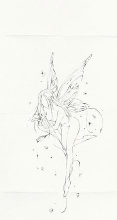 a drawing of a fairy sitting on top of a white sheet with stars in the background