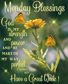 a yellow flower with butterflies on it and the words, monday blessings god is my strength and power