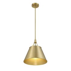 a brass colored pendant light fixture with an open shade on the bottom and one light hanging from