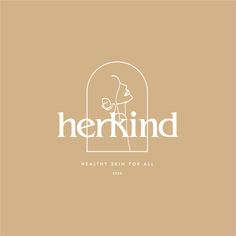 the logo for herkind is shown in white on a tan background with an image of a woman's face