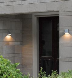 two lights that are on the side of a building next to plants and bushes in front of a door