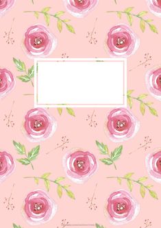 pink flowers with green leaves and a white square in the center on a pink background