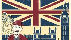 a man with a mustache and top hat standing in front of a british flag background