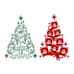 two christmas trees with cats on them and stars in the top one is red, green and white