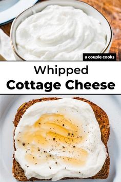 an egg is on top of bread with whipped cottage cheese in the middle and another photo has