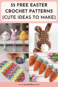 crochet patterns for easter baskets, carrots and bunnies with text overlay that says 35 free easter crochet patterns cute ideas to make