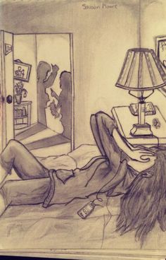 a drawing of a person laying on a bed in a room with a lamp and mirror