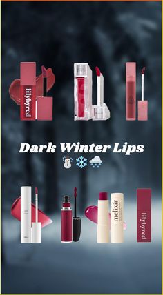 lip sugg for dark winter girlies 💖 Dark Winter Lipstick Colors, Winter Cool Tone Makeup, Deep Winter Lipstick, Dark Winter Lipstick, Cool Toned Lipstick, Dark Winter Makeup Looks, Winter Lipstick Colors, Deep Winter Makeup, Dark Winter Makeup