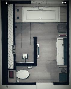 an overhead view of a bathroom and living room