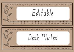 two labels with numbers on them that say, edittablee and deskplates