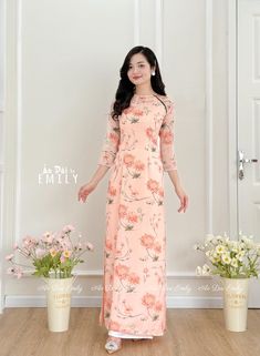 🌻Material: Voan silk , double layers      Stretchy level: 1/10 🌻 The measurement of this ao dai (long dress) is in Vietnamese size (American size tends to be bigger for the same size). Please LOOK AT THE SIZE CHART CAREFULLY BEFORE ORDERING. There might have some chalk writings on the fabric due to making process. These marks can be washed away easily. 🌻🌻No returns or exchanges Buyer can contact seller about any issues with an order. 🌸 Follow us Facebook/aodaiemily www.aodaiemily.com 💜 Thank you very much!💜 Spring Wedding Ao Dai With Floral Print, Elegant Full-length Ao Dai For Summer, Long Floral Print Ao Dai For Summer, Summer Floral Print Long Ao Dai, Summer Long Floral Print Ao Dai, Summer Long Ao Dai With Floral Print, Traditional Long Sleeve Floral Ao Dai, Traditional Long Sleeve Ao Dai With Floral Print, Traditional Ao Dai With Floral Print And Long Sleeves