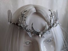 Silver Fantasy Crown-shaped Jewelry, Silver Crown Fantasy Jewelry, Fantasy Silver Crown Jewelry, Forest Crown, Antler Crown, Silver Centerpiece, Recycled Dress, Silver Leaves