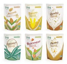 six bags of coconut flour are shown in different colors and flavors, each with their own logo