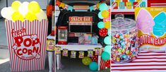 two pictures of popcorn machines and some candy