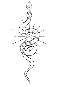 a drawing of a snake with its tail curled up and the sun in the background