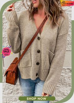 Khaki Drop Shoulder Button Front V Neck Cardigan with Pockets Beige Button-up Cardigan With Pockets, Fall Button-up Cardigan With Button Cuffs, Button-up Cardigan With Pockets, Casual Beige Cardigan With Button Closure, Brown V-neck Outerwear With Button Closure, Brown Button-up Sweater With Pockets, Casual Button-up Cardigan With Buttoned Pockets, Fall Button-up Cardigan With Button Closure, Brown Button-up Cardigan With Pockets