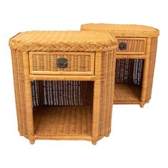 two wicker end tables with one drawer open and the other closed on both sides