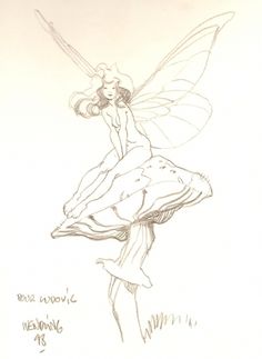 a drawing of a fairy sitting on top of a mushroom