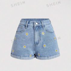 Never Worn Shein Daisy Shorts. Waist Measures ~13.5” Flat. All Flowers Are Embroidered, No Design On Back. Blue Embroidered Denim Shorts, Trendy Blue Bottoms With Floral Embroidery, Casual Embroidered Jean Shorts For Summer, Blue Embroidered Short Length Jeans, Cute Embroidered Blue Bottoms, Embroidered Denim Jean Shorts In Blue, Embroidered Blue Jean Shorts, Cute Embroidered Spring Jeans, Blue Embroidered Cotton Jean Shorts