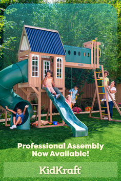 children playing on a wooden play set in the grass with text that reads professional assembly now available kidkrat