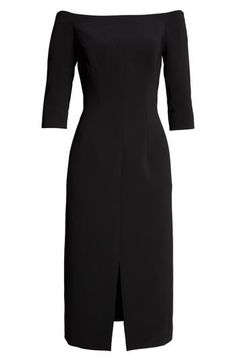 The essence of elegant simplicity, this crepe sheath dress features a structured silhouette showcasing an off-the-shoulder neckline and three-quarter sleeves. 42" center front length (size 8) Hidden back-zip closure Off-the-shoulder neck Three-quarter sleeves Lined 92% polyester, 8% polyurethane Dry clean Made in Italy Designer Clothing Latinx Owned/Founded Classic Formal Midi Dress With 3/4 Sleeves, Elegant Formal Midi Dress With Boat Neck, Elegant Boat Neck Midi Dress For Formal Occasions, Elegant Fitted Midi Dress With Boat Neck, Formal Fitted Midi Dress With Boat Neck, Formal Fitted Boat Neck Midi Dress, Classic Boat Neck Midi Dress For Evening, Elegant Midi Dress With Boat Neck For Workwear, Elegant Boat Neck Midi Dress For Work