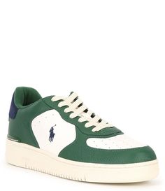 From Polo Ralph Lauren, the Men's Master Court Leather Sneakers feature:Leather and polyurethane upperRounded toeLace-up frontPadded insole. Reinforced heel with leather heel clip. Faux-leather tongueSignature Pony at the outer side. Polo Ralph Laurendebossed leather patch at the tongue. Polo Ralph Lauren script debossed at the heelMesh and velvet lining. Eyestay lined with faux leatherEVA midsoleTextured rubber outsoleImported. Green Leather Sneakers With Embossed Logo, Classic American Style, Ralph Lauren Kids, Ralph Lauren Collection, Classic American, Dillard's, Leather Patches, Polo Ralph Lauren Mens, Ralph Lauren Men