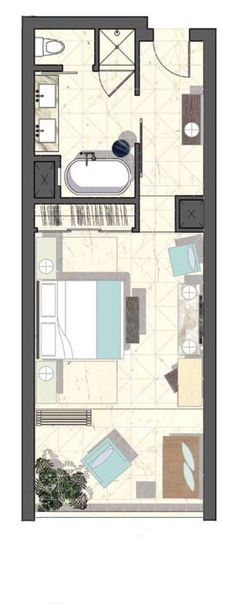 the floor plan of a hotel room with two beds, a bathtub and a sink