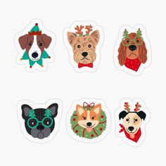 four different stickers with dogs wearing christmas hats and wreaths on their heads, one is