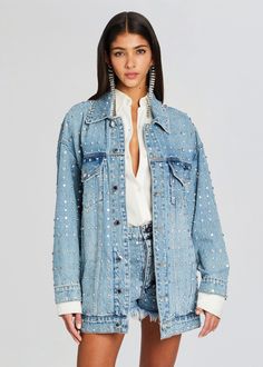 Ace Embellished Denim Jacket Trendy Long Sleeve Outerwear With Studs, Trendy Studded Long Sleeve Outerwear, Edgy Embellished Long Sleeve Outerwear, Spring Party Outerwear With Snap Buttons, Party Denim Jacket Embellished, Embellished Denim Jacket For Parties, Party Denim Jacket With Embellished Long Sleeves, Long Sleeve Denim Jacket For Party, Trendy Embellished Long Sleeve Outerwear