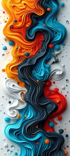 an abstract painting with different colors and shapes on the wall, as well as water droplets