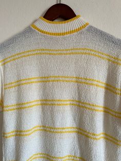 "Vintage striped mock neck sweater short sleeve 60s mod atomic 1960s yellow stripe knit shirt unisex 70s rude boy 1970s vtg Kurt Cobain Sweater  >> Please double check your measurements & compare to these listed below, for accurate sizing. Vintage often runs small, so don't rely on the tag size.  Tag reads: ILGWU UNION MADE  Measurements taken flat/unstretched : *Chest Width, armpit to armpit: approx 22\" (44\" chest)  *Length, from top of shoulder/collar seam: approx 23\"   >> In great vintage Spring Striped Sweater With Ribbed Collar, Spring Sweater With Contrast Stripes, Striped Knit Turtleneck Top, Knit Sweater With Contrast Stripes For Spring, Spring Knit Sweater With Contrast Stripes, Oversized Ribbed Striped Tops, Trendy Crew Neck Sweater With Contrast Stripes, Spring Crew Neck Top With Vertical Stripes, Cotton Tops With Vertical Stripes For Fall