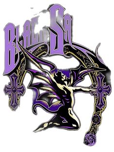 the back side of a purple and gold logo with an image of a woman dancing