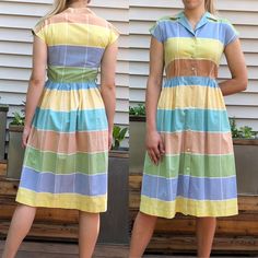 "Sweet cotton dress with white stripes of summer colors. Button front. In excellent condition. Note bottom button in photo has pulled- long stride. Measurements taken flat Bust 35\" Waist 26\" Hip. Open Back of neck to waist: 15 ½\" Length waist to hem: 27 ½\" Model is 5'10\" I can ship internationally. Please convo for pricing. PLEASE convo me if you have any further questions about this item or would like to see more pictures. I do my best to research items thoroughly before listing as well as Striped Button Dress For Daywear, Spring Retro Striped Dresses, Striped Daywear Dress With Buttons, Striped Retro Dresses With Buttons, Retro Striped Dresses With Buttons, Striped Button-up Dress With Relaxed Fit, Vintage Striped Dress, Striped Relaxed Fit Button-up Dress, Striped Cotton Button-up Dresses