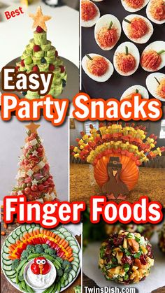 Holiday appetizers, Thanksgiving turkey crudite platter, fruit skewers stuck in a pumpkin, cheeseball, Christmas tree chartcuterie, pumpkin deviled eggs, Christmas tree shaped sandwich wraps Easy Party Snacks Finger Foods, Party Snacks Finger Foods, Easy Party Snacks, Side Dishes For A Crowd, Easy Holiday Appetizers, Dishes For A Crowd, Baked Feta Recipe, One Bite Appetizers, Cream Cheese Recipes Dip