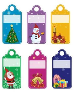 six christmas tags with santa claus, snowman, and gifts on them in different colors